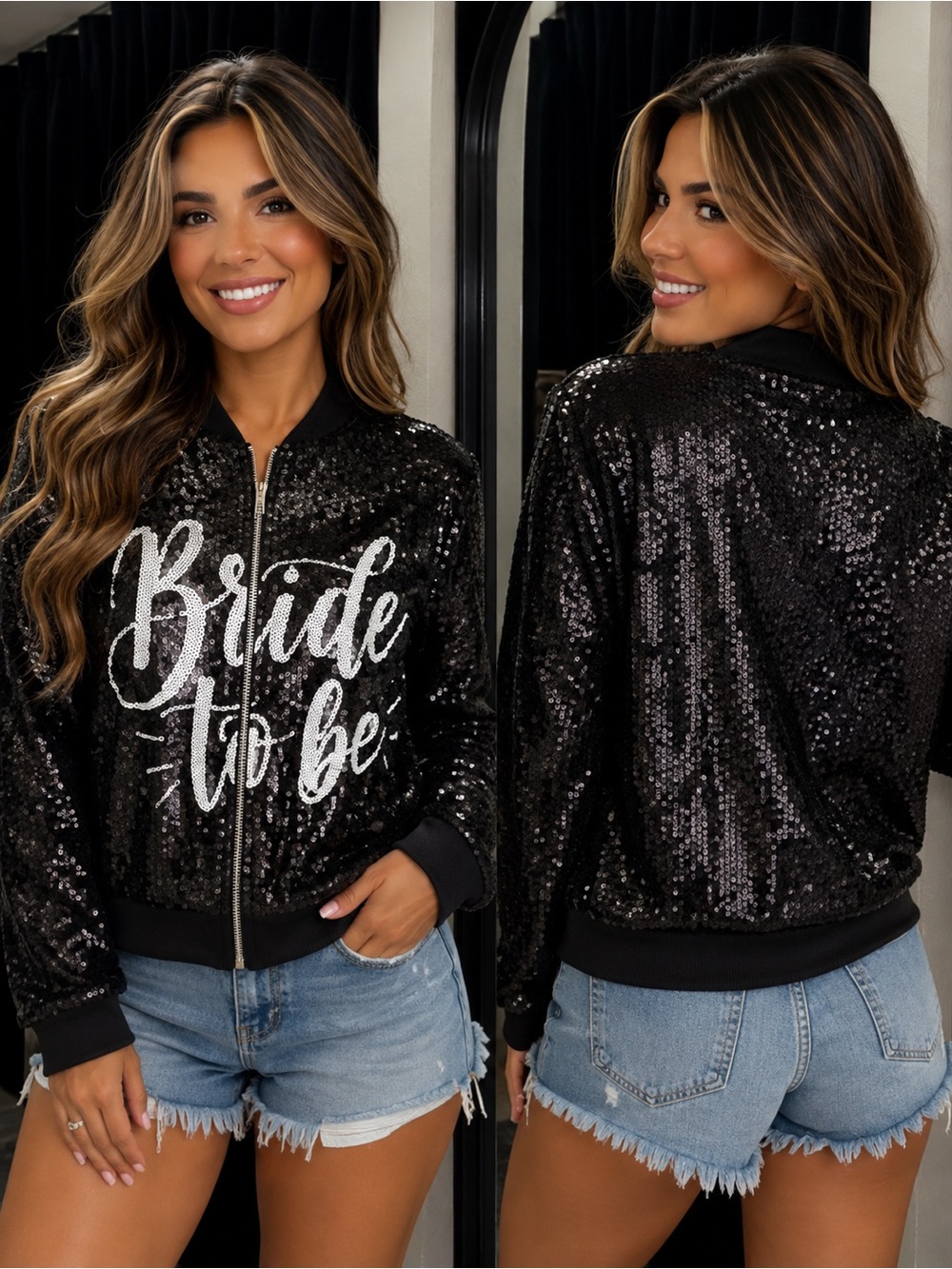 Sequin 'Bride to Be' Bomber Jacket - Black